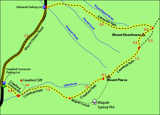 Mount Eisenhower Map, Mount Eisenhower Map, Trail Guide, Trail Map, Crawford Connector, Crawford Path, Edmands Path, Mizpah Spring Hut, Mizpah Cutoff, Gibbs Brook, Crawford Cliff